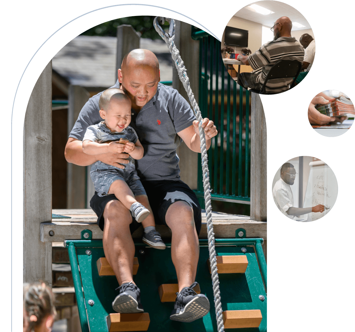 Father on a swing with son and supporting images